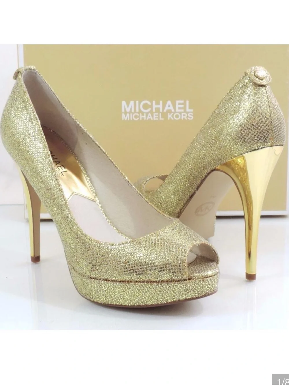 Michael Kors York Evening Platform Open Toe Pumps Heels Gold Glitter